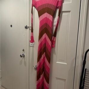 Pink and Brown Long Sleeve Chevron Dress